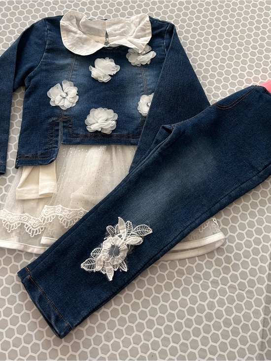 Other - Navy Denim 3-Piece Outfit with White Floral Lace. Size 3T